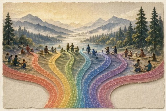 Eight colored paths crossing a woven landscape