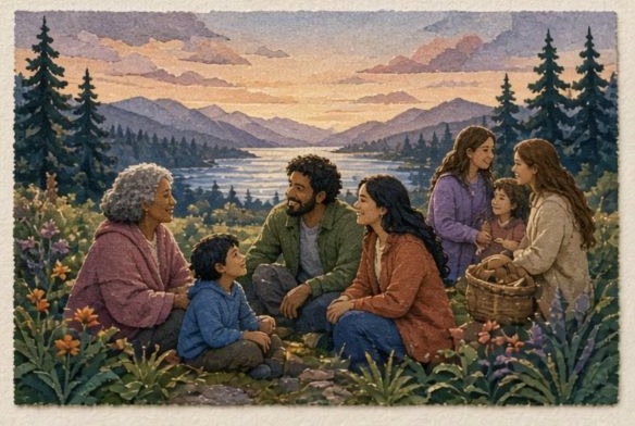 Families sharing an ordinary evening among Northwest evergreens