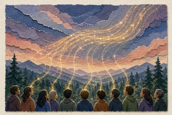 Individual points of light joining into a luminous cloth above a Pacific Northwest gathering