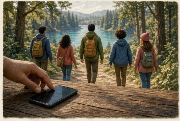A phone being set down as people step toward a real-world activity