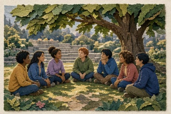A small youth circle gathered in a welcoming public place