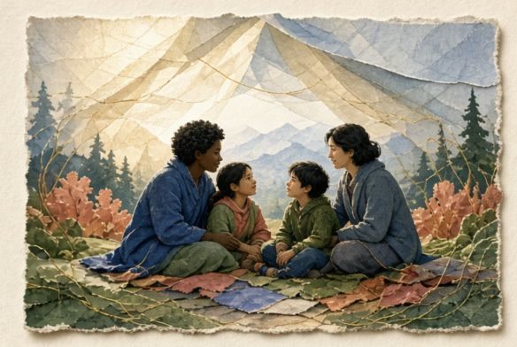 A family and young people held inside a respectful translucent shelter