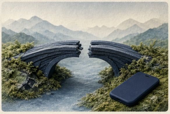 A phone resting offline beside a bridge that does not cross to a network