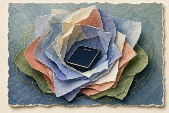 Layered paper shielding a small device while leaving a visible outer edge
